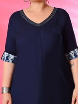 Plus Size Navy Blue A-Line Dress with Printed Sleeve Detail