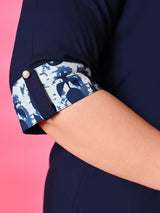 Plus Size Navy Blue A-Line Dress with Printed Sleeve Detail