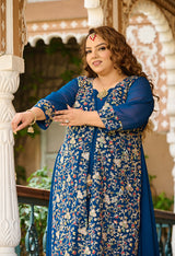 Plus Size Teal Blue Cape Georgette Anarkali Set