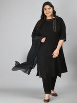 Plus Size Voguish Black Kurta Pant Set with Dupatta