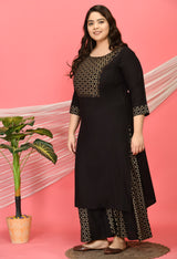 Plus Size Embellished Black & Gold Kurta Sharara Set