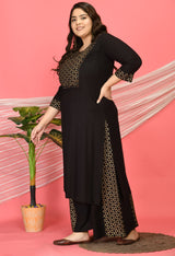 Plus Size Embellished Black & Gold Kurta Sharara Set