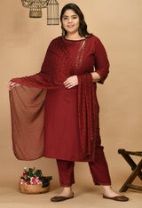 Plus Size Live Maroon Kurta Pant Set with Dupatta