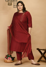 Plus Size Live Maroon Kurta Pant Set with Dupatta