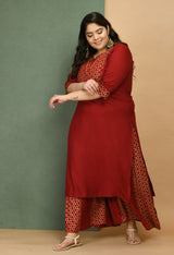 Plus Size Embellished Maroon & Gold Kurta Sharara Set