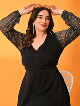 Plus Size Midnight Black Dress with Sheer Statement Sleeves