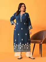Plus Size Teal Floral Aari Kurta