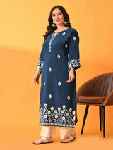 Plus Size Teal Floral Aari Kurta