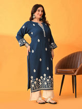 Plus Size Teal Floral Aari Kurta
