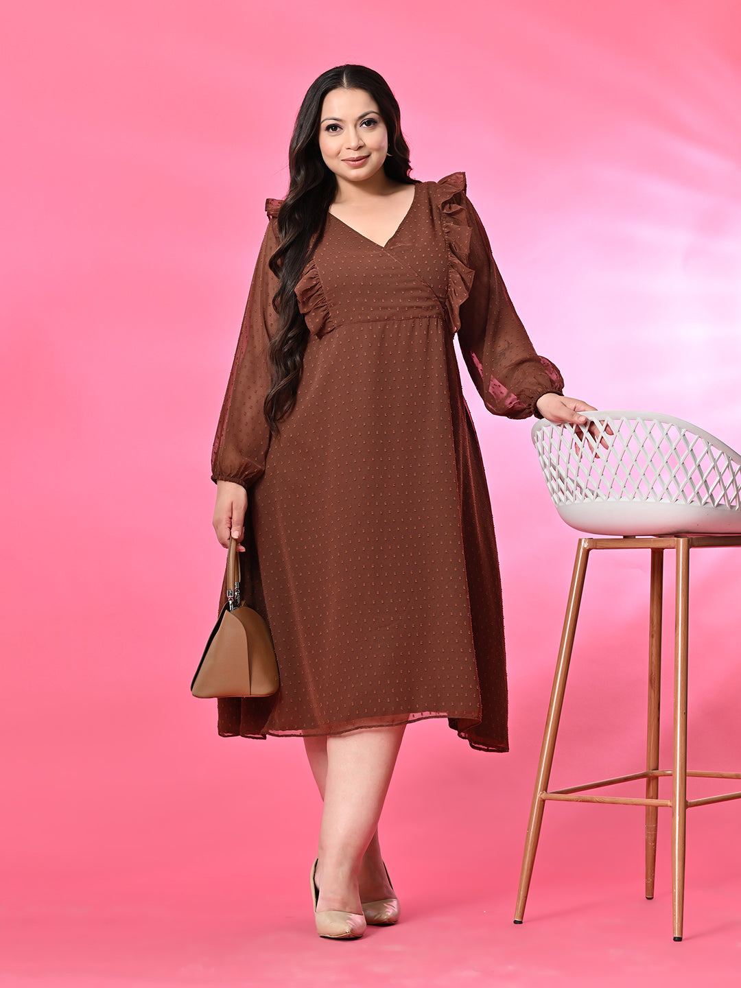 Plus Size Brown Frill Georgette Midi Dress – DESINOOR.COM