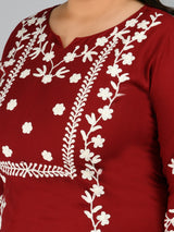 Plus Size Poetic Maroon Embroidered Kurta Pant Set with Dupatta