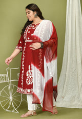 Plus Size Poetic Maroon Embroidered Kurta Pant Set with Dupatta