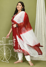 Plus Size Poetic Maroon Embroidered Kurta Pant Set with Dupatta