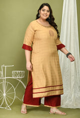Plus Size Self Design Beige Kurta Palazzo Set