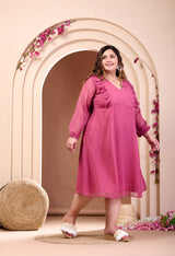 Plus Size Pink Frill Georgette Midi Dress