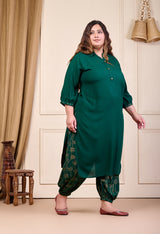 Plus Size Bottle Green Rayon Kurta Set with Harem Pants
