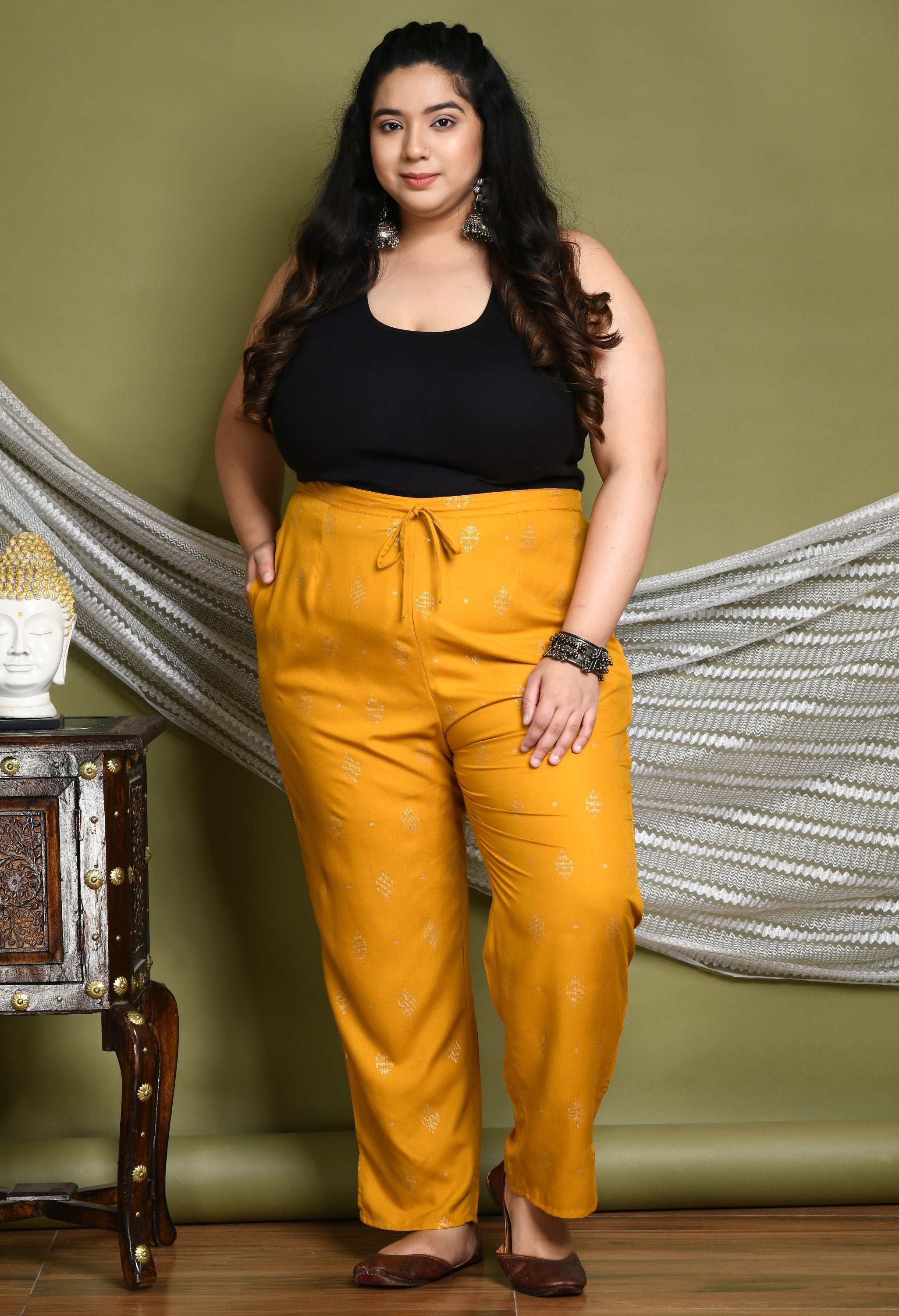 Plus Size Plus Size Gold Printed Mustard Pants – DESINOOR.COM