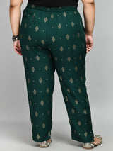 Plus Size Plus Size Gold Printed Bottle Green Pants