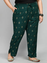 Plus Size Plus Size Gold Printed Bottle Green Pants