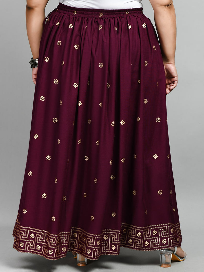 Plus Size Wine Gold Printed Skirt