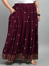Plus Size Wine Gold Printed Skirt
