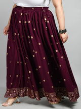 Plus Size Wine Gold Printed Skirt