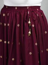 Plus Size Wine Gold Printed Skirt