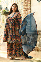 Plus Size Vintage Blue Alia Style Pure Chinon Sharara Set with Dupatta