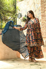 Plus Size Vintage Blue Alia Style Pure Chinon Sharara Set with Dupatta