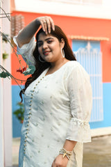 Plus Size Pure White Chinon Gold Embroidered Co-ord Set