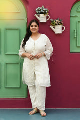 Plus Size Pure White Chinon Gold Embroidered Co-ord Set