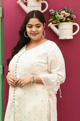 Plus Size Pure White Chinon Gold Embroidered Co-ord Set