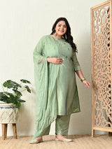 Plus Size Mystical Pista Green Embellished Zorba Kurta Set with Dupatta