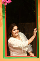 Plus Size Pure White Chinon Gold Embroidered Co-ord Set
