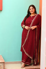 Plus Size Mystique Maroon Kurta Palazzo Set with Dupatta