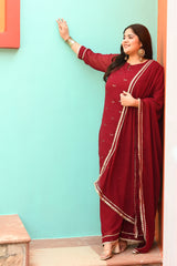 Plus Size Mystique Maroon Kurta Palazzo Set with Dupatta