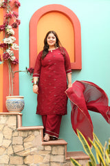 Plus Size Mystique Maroon Kurta Palazzo Set with Dupatta