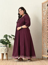 Plus Size Wine Anarkali Kurta with Pink Banarasi Dupatta
