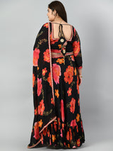 Plus Size Black Floral Pure Chinon Lehenga Choli with Dupatta