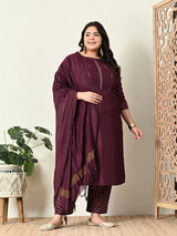 Plus Size Mystical Wine Embellished Zorba Kurta Set with Dupatta