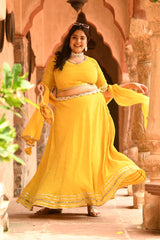 Plus Size Bright Yellow Mirror Lehenga Choli with Dupatta