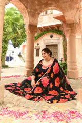 Plus Size Black Floral Pure Chinon Lehenga Choli with Dupatta