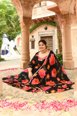 Plus Size Black Floral Pure Chinon Lehenga Choli with Dupatta