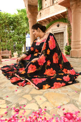 Plus Size Black Floral Pure Chinon Lehenga Choli with Dupatta
