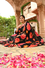 Plus Size Black Floral Pure Chinon Lehenga Choli with Dupatta