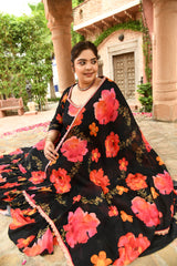 Plus Size Black Floral Pure Chinon Lehenga Choli with Dupatta
