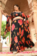Plus Size Black Floral Pure Chinon Lehenga Choli with Dupatta