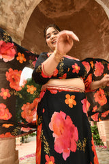 Plus Size Black Floral Pure Chinon Lehenga Choli with Dupatta
