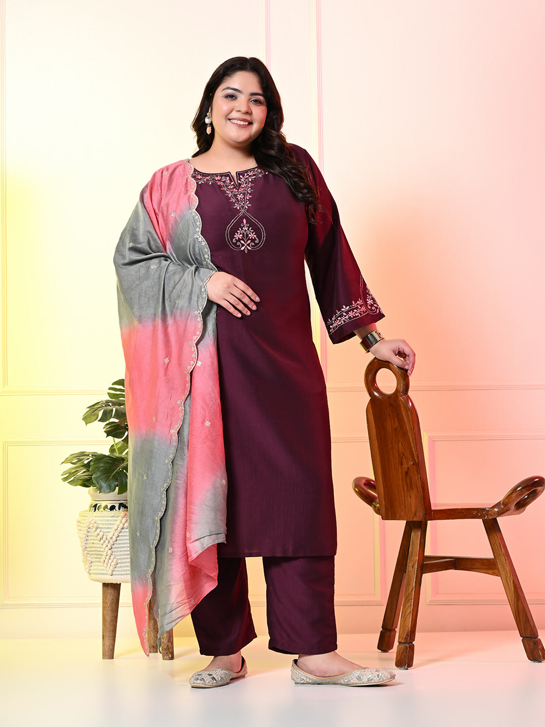 Plus Size Abstract Printed & Embroidered Kurta With Trousers & Dupatta