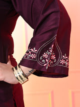 Plus Size Wine Embroidered Kurta Set with Double Dyed Dupatta